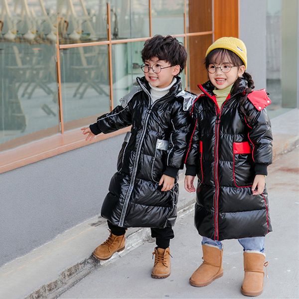 

2021 fashion new 3 4 5 6 7 8 9 10 years kids color patchwork hooded outerwear duck down long design coat jacket for girls boys, Blue;gray