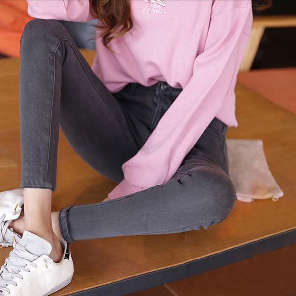 

fashion trend gray high waist thick jeans stretchy slim ankle-length pencil pants for women women's, Blue