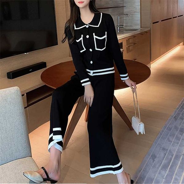 

hma autumn and winter arrival women vintage elegant sweater + 2pcs fashion set casual knit wide leg pants suit 211105, White