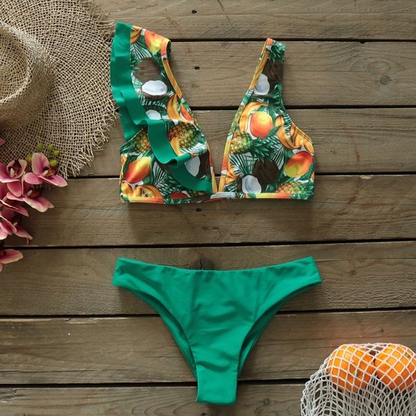 

ruffle bikinis women swimsuit 2021 new solid and print bathing suit beachwear braizlian bikini set swimwear 210318, White;black