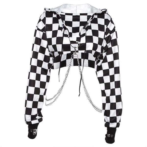

women plaid casual streetwear sweatshirt hoodie crop jumper pullover chain stitching short loose shirt women's hoodies & sweatshirts, Black