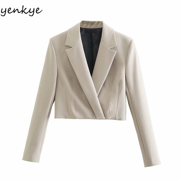 

yenkye fashion women solid cropped blazer mujer long sleeve notched collar office elegant suit jacket plus size short, White;black
