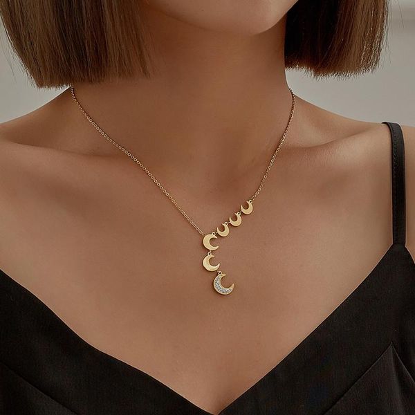 

sweet stainless steel gold crystal moon pendant necklace for women clavicle chain choker party jewelry accessories necklaces, Silver
