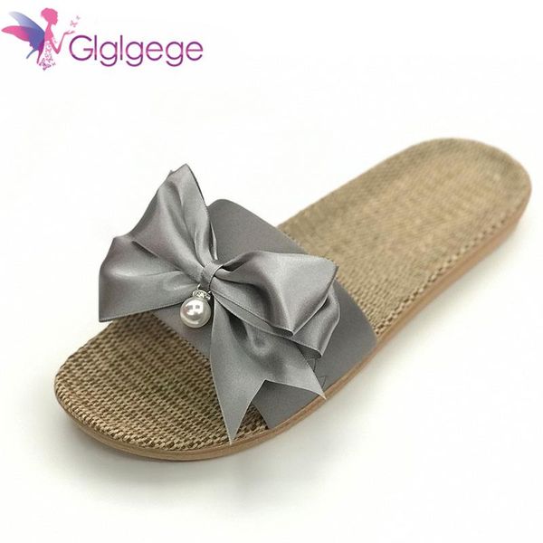

slippers glglgeg 2021 casual sneakers for home summer bow-knot soft floor woman indoor flats shoes cute linen slipper terlik, Black
