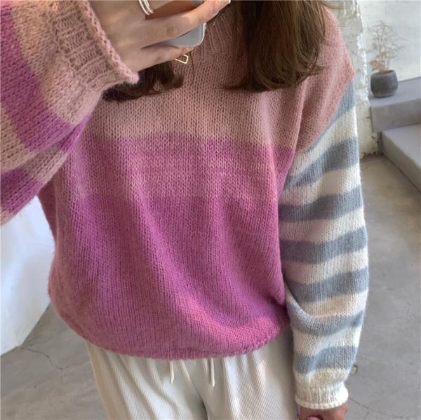 

women's sweaters autumn 2021 fashion classic trendy pink striped sweater color matching lazy logo mohair knitted pullovers, White;black