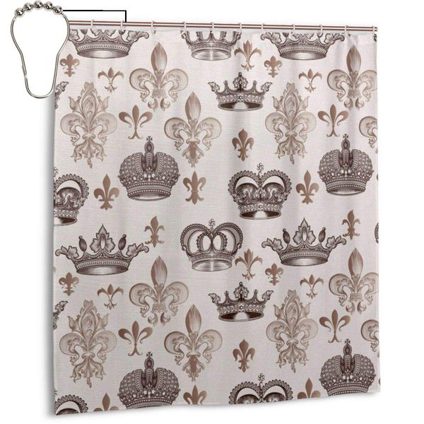 

waterproof shower curtain crowns and fleur-de-lis shapes in engraved style fame symbolic artwork print bathroom decor