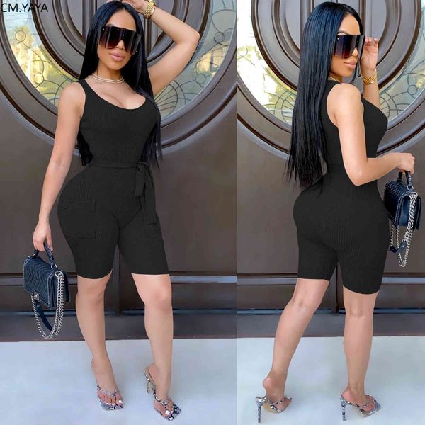 

cm.yaya women knitted spaghetti strap sleeveless with pocket jumpsuits rompers fitness sporty fashion one piece outfits, Black;white