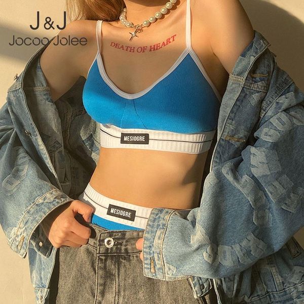 

jocoo jolee hit color women v-neck summer navel tank and elastic waist knit streetwear short pants two piece sets 210518, White