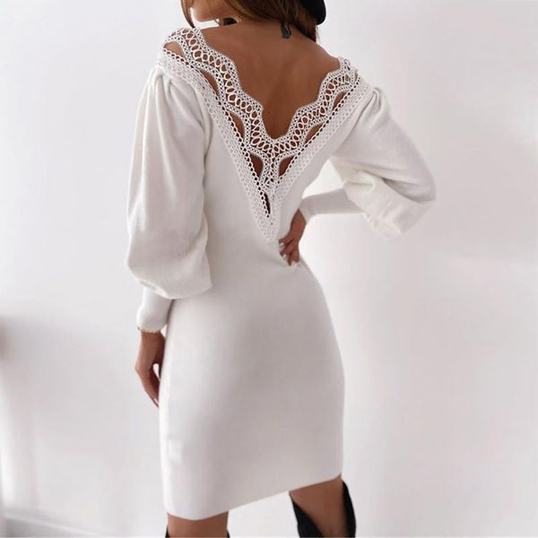 

casual dresses women's elegant spring autumn dress solid lace v-neck backless long-sleeved sheath tight mini white vestidos, Black;gray