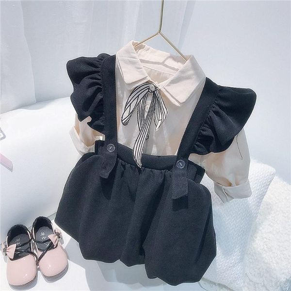 

clothing sets baby 2021 outfit spring girls princess clothes set kids children long sleeve bowtie shirt+ruffles overall dress suit s119, White