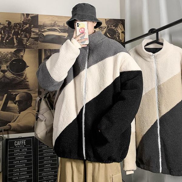 

men's jackets 2021 jacket men winter thick hong kong warm fleece stitching coat mens sportswear tracksuit fluffy hooded, Black;brown