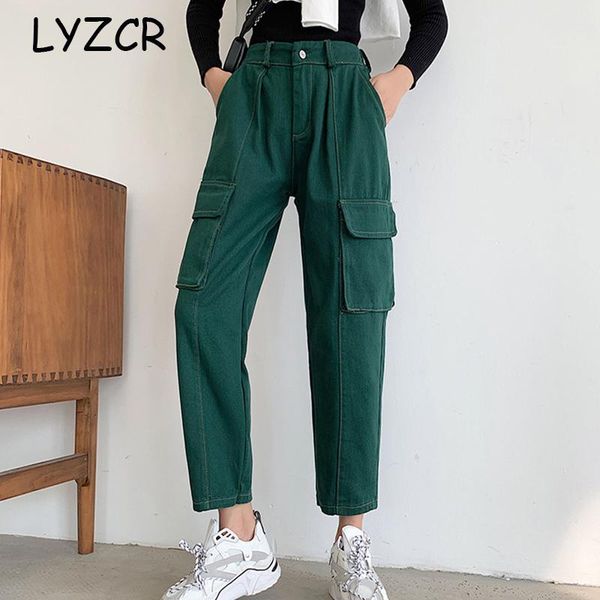 

women's pants & capris lyzcr harem cargo women high waist black candy color womens ankle boyfriend jeans female, Black;white