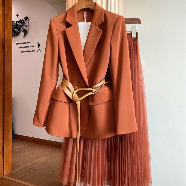 

two piece dress women's suit blazer mesh skirt suits with belt elegant female office lady solid coat set 2021 spring autumn, White