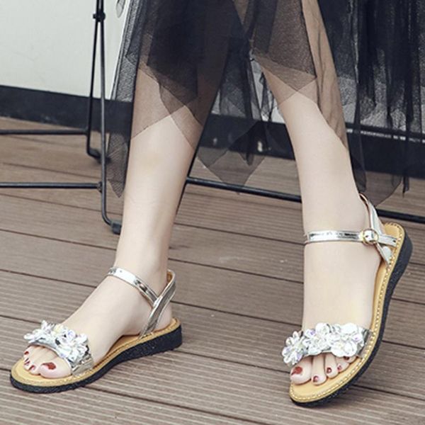 

women sandals summer flowers rhinestone buckle round head outdoor fashion elegant pearl beaded female shoes sandalias, Black