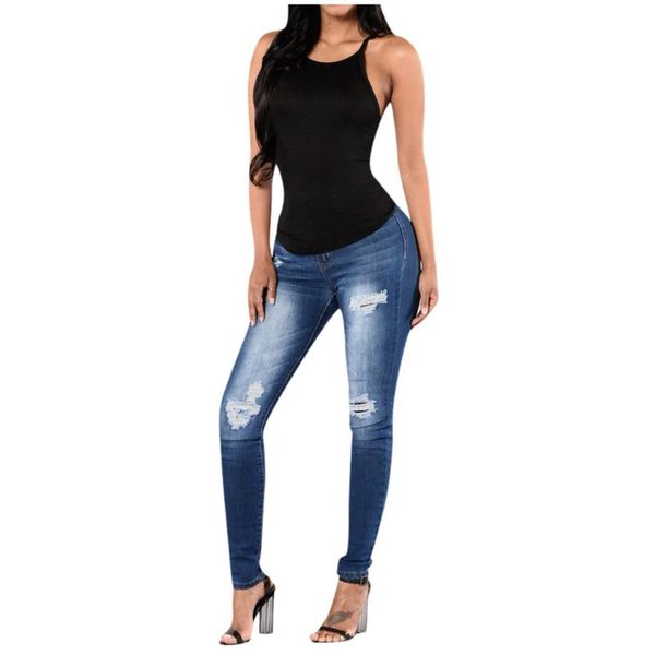 

women's jeans 2021 fashion autumn summer casual high-rise slim dark blue hole stretch skinny l0819