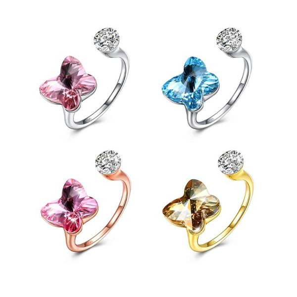 

cluster rings zemior sterling silver 925 adjustable opening romantic butterfly shape austria crystal women anniversary jewelry, Golden;silver