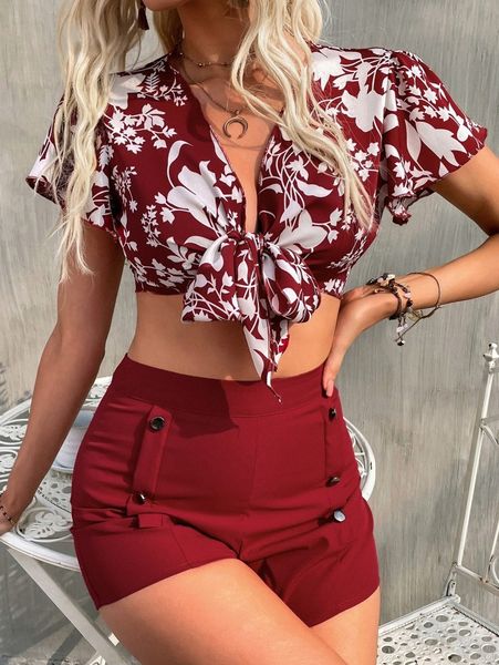 

floral print butterfly sleeve knot front crop & fake button shorts w0yr#, White