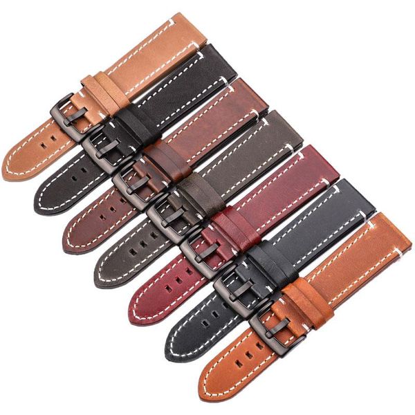 

watch bands hengrc 18 20 22mm genuine leather band strap manual men thick brown black watchbands stainless steel buckle accessories, Black;brown