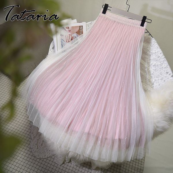 

tataria high waist skirt for women mesh pleated bright silk yarn s causal beautiful gradient color s 210514, Black