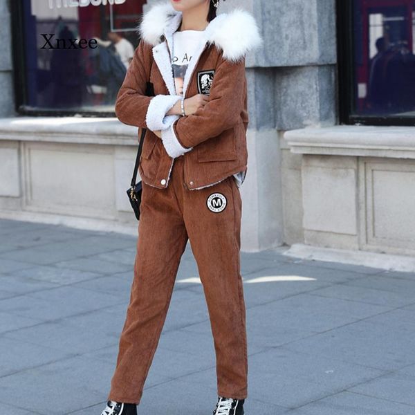 

women's two piece pants winter warm and leisure 2-piece set of thick velvet cashmere corduroy jacket suit fur collar hooded stretch wai, White