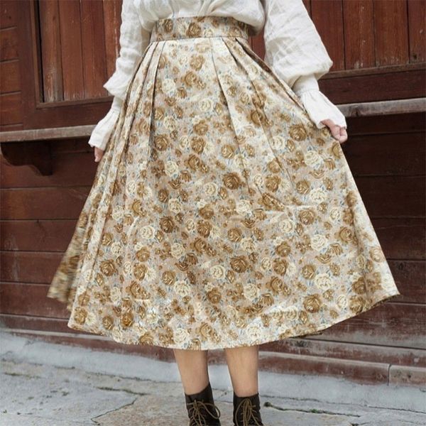 

skirts autumn winter fashion women high waist loose a-line long vintage flower print casual skirt femme saia v199 fswe, Black