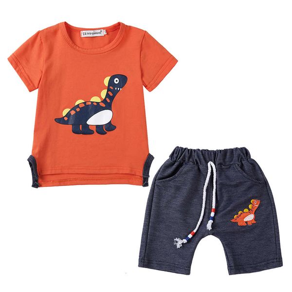 

boys and girls suits children's summer short sleeve suit baby dinosaur two piece casual, White