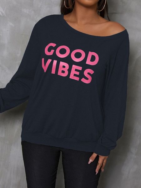 

plus letter graphic asymmetrical neck pullover l21y#, Black