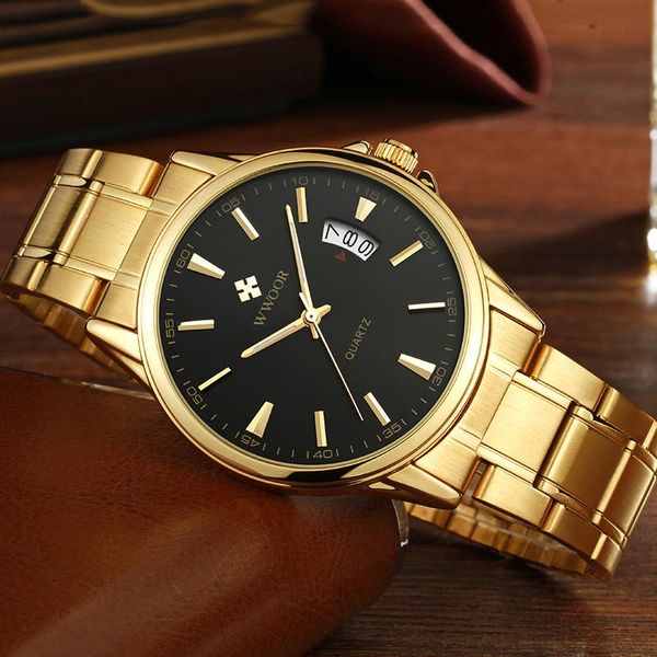 

wristwatches wwoor business mens watches gold black date quartz watch men steel belt waterproof wristwatch relogio masculin, Slivery;brown