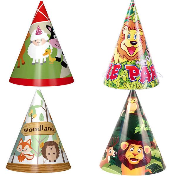 

12pcs/lot new lovely jungle lion theme paper caps cartoon elk owl party hats for kids birthday party suppli