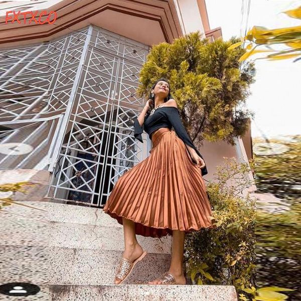 

elastic high waist pleats skirt saia mujer faldas mid -calf a line casual skirts custom made women party formal wear, Black