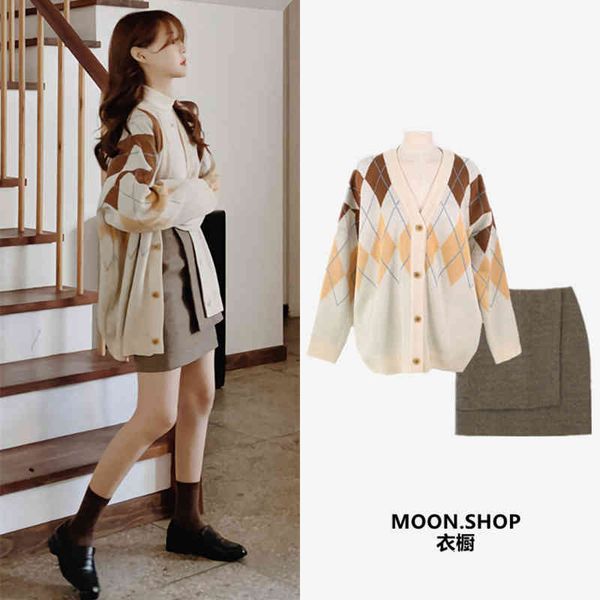 

two piece dress autumn and winter retro plaid loose knitted sweater cardigan jacket high waist skirt two-piece fashion suit b44o, White