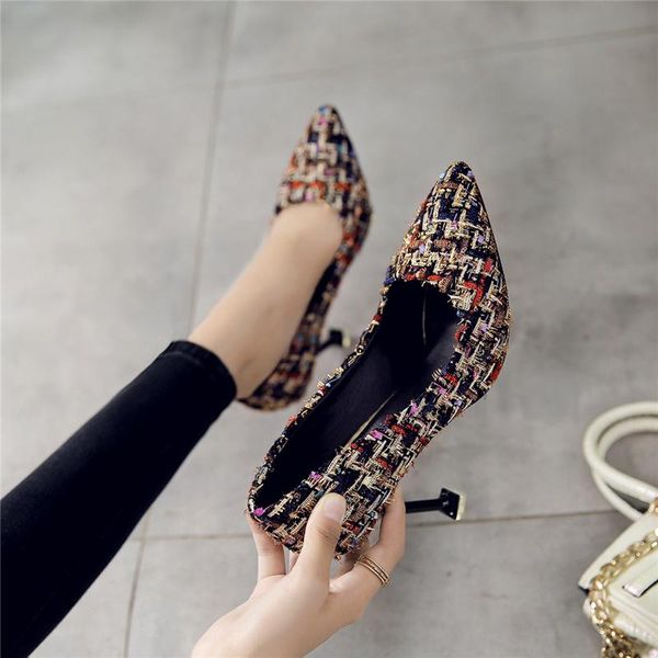 

dress shoes plaid high heels women's fine with autumn 2021 fashion wild pointed shallow mouth cat a single, Black