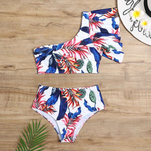 

multi color one shoulder bikini with lotus leaf, White;black