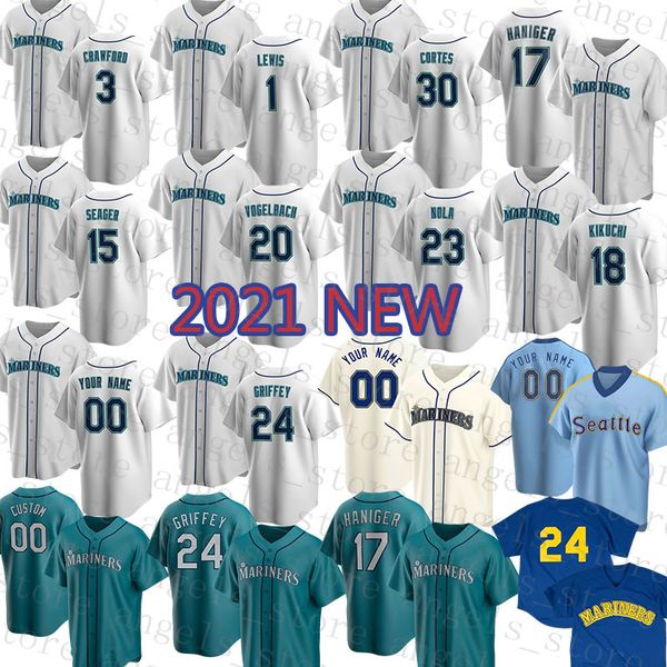 

seattle custom mariners 24 ken griffey jr. baseball jersey 1 kyle lewis 51 ichiro suzuki 11 edgar martinez 27 ryon healy 15 kyle seager, Blue;black