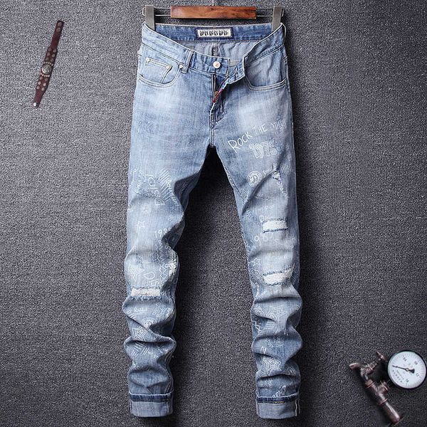 

men's jeans fashion streetwear retro light blue slim fit ripped men denim pants printed designer hip hop homme ewum w3gg