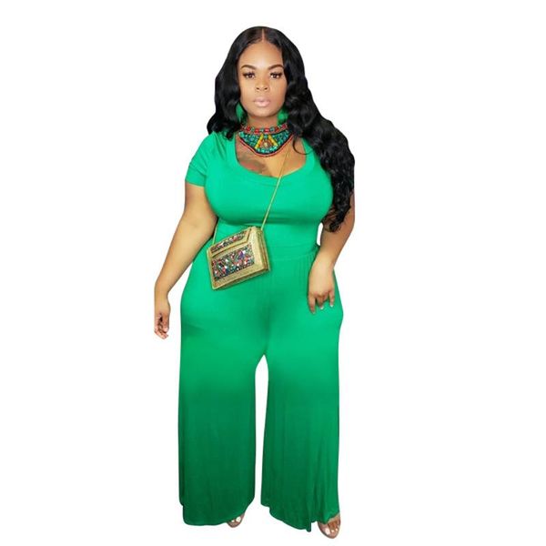 

plus size pants 5xl jumpsuit summer 2021 women clothing fashion loose solid short sleeve round neck wide leg rompers combinaison femme, Black