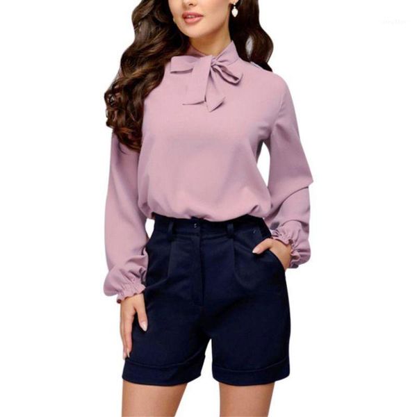 

autumn blouse elegant women office ladies laced bow solid stand collar long full petal sleeve color women's blouses & shirts, White