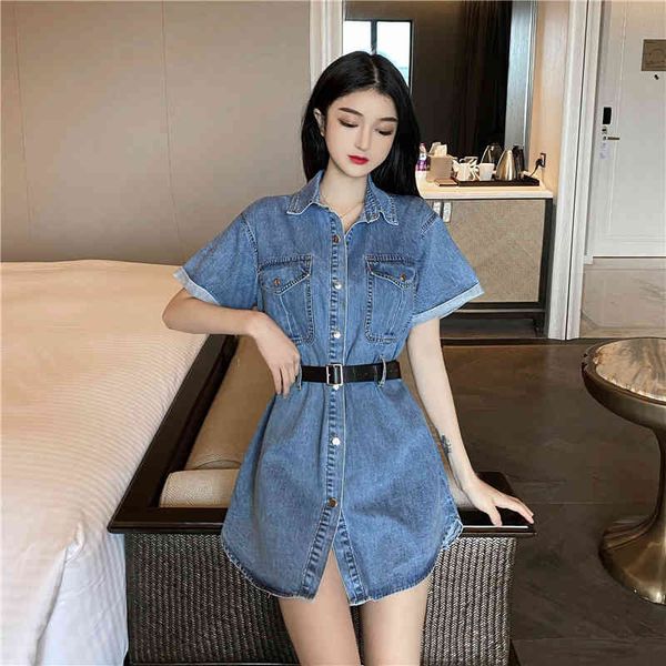 

women turn down collar slim denim dress female chic single-breasted short sleeve blue black casual dress with belt 210514, Black;gray