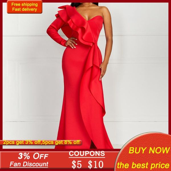 

casual dresses one shoulder strapless split ruffles female dress party african fashion elegant vintage women long red summer, Black;gray