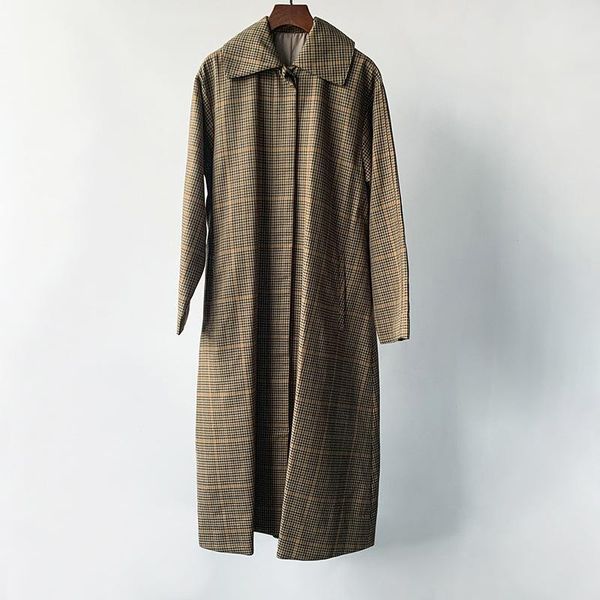 

women's trench coats women plaid long coat 2021 autumn winter turn-down collar single breasted straight vintage loose sleeve outwear, Tan;black