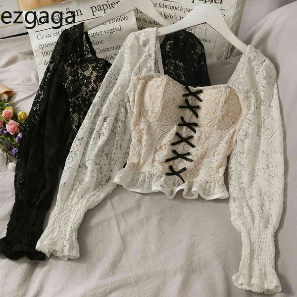 

ezgaga crop women blouse lace patchwork spring square collar long sleeve flower shirts slim clubwear casual 210430, White
