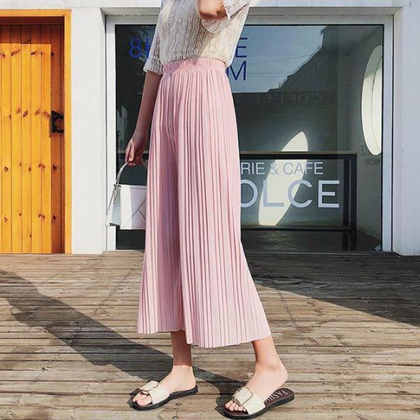 

women's pants & capris women chiffon loose high waist ruffled hem thin pleated trumpet casual trousers msk66, Black;white