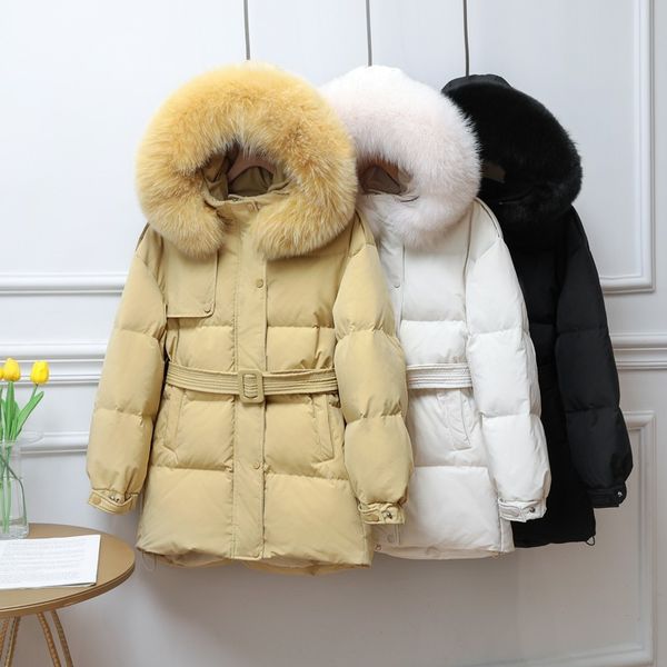 

winter fur collar 90% white duck down coat hooded casual female warm thick long snow jackets parkas outwears 210510, Black