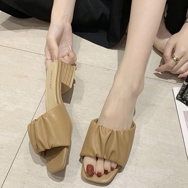 

slippers lucyever elegant pleated mid heel woman fashion open toe square sandals women 2021 mules leather slides mujer, Black