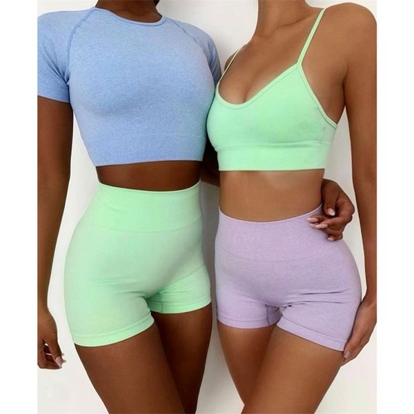 

two piece summer clothes for women workout shorts set fitness semaless yoga high waist legging suit sports gym clothing 210802, Gray