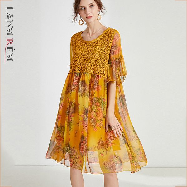 

women yellow big size lace dress round neck half sleeve loose fit female fashion tidesummer arrivals 2e1804 210507, Black;gray
