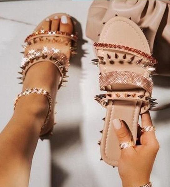 

slippers 2021 woman rivet crystal snakeskin transparent summer ladies slides fashion women's flip flops flat plus size shoes, Black