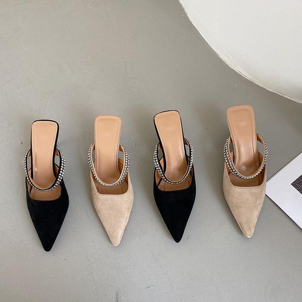 

pointed toe flock women slippers thin high heels shallow slip on ladies pumps rhinestone casual slides party pumps 35-39, Black