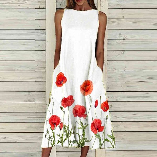 

dresses women elegant o-neck midi party vintage floral print sleeveless a-line es ladies fashion casual loose wvdz yue7, Black;gray