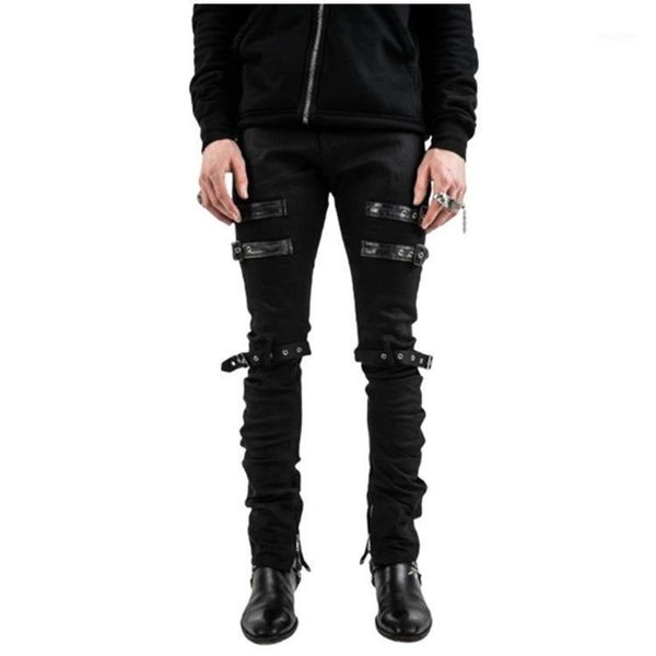 

gothic casual pants slim men's decoration leggings men mid-waist, Black